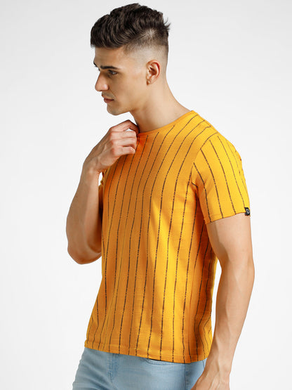 Men's Yellow Printed Round Neck Half Sleeve Slim Fit Cotton T-Shirt