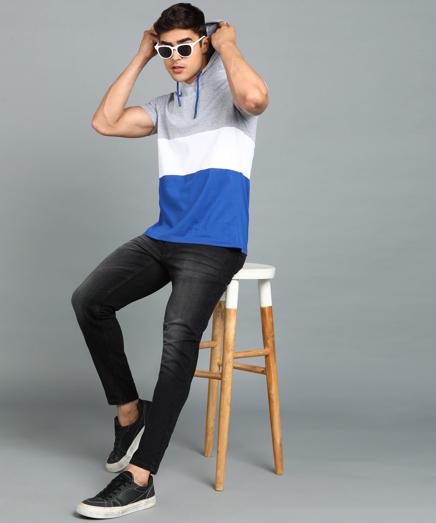 Men's Grey, White, Royal Blue Cotton Slim Fit Half Sleeve Hooded T-Shirt
