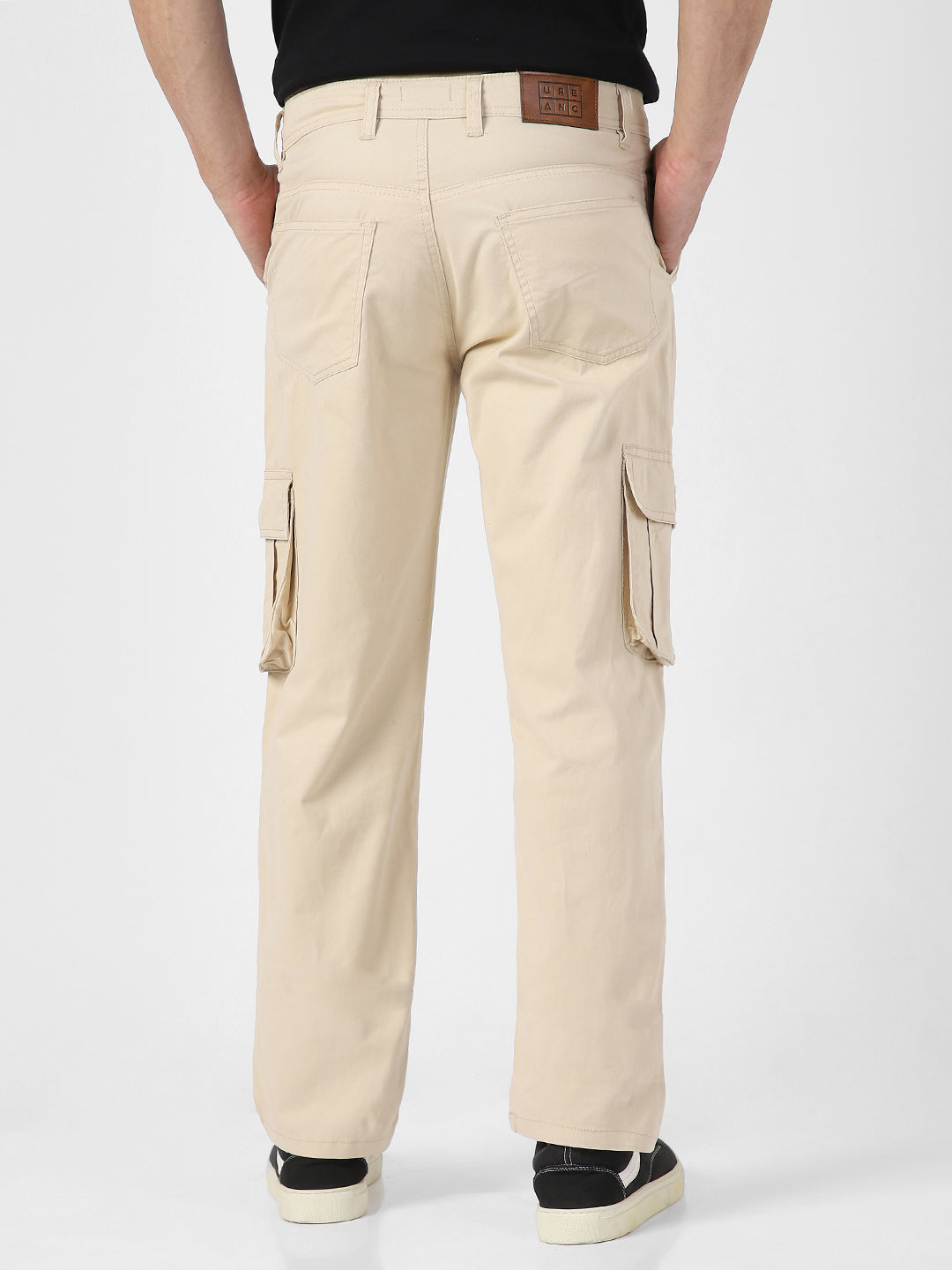 Men's Cream Regular Fit Solid Cargo Chino Pant with 6 Pockets