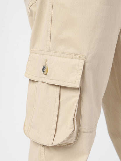 Men's Cream Regular Fit Solid Cargo Chino Pant with 6 Pockets