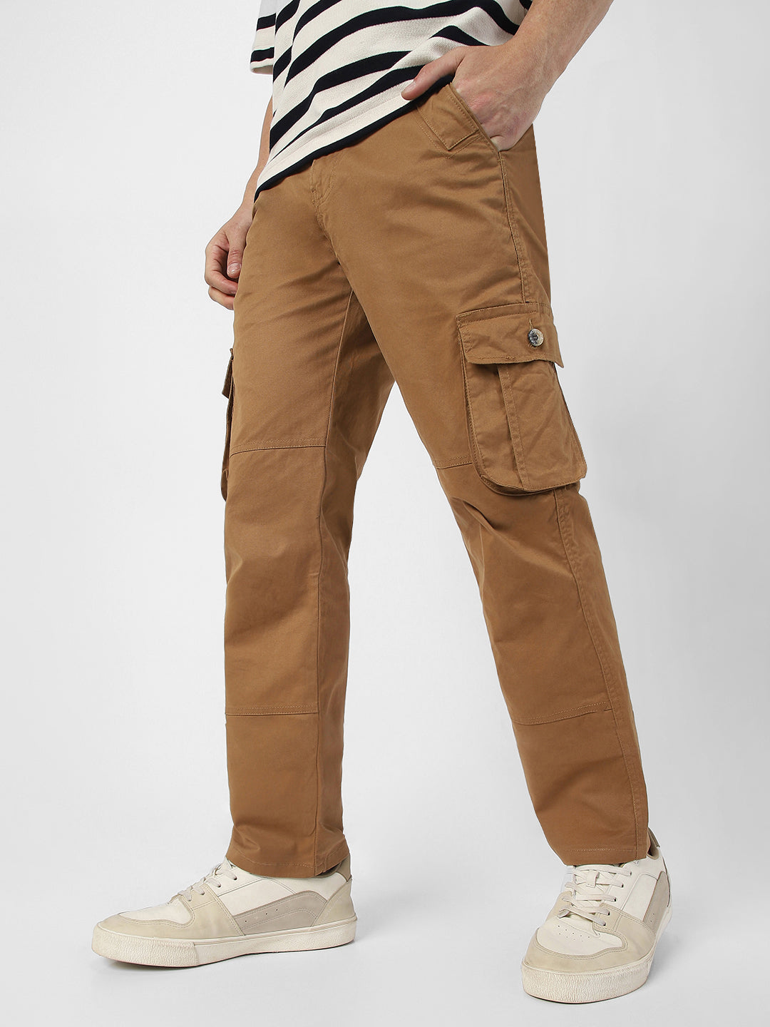 Men's Dark Khaki Regular Fit Solid Cargo Chino Pant with 6 Pockets