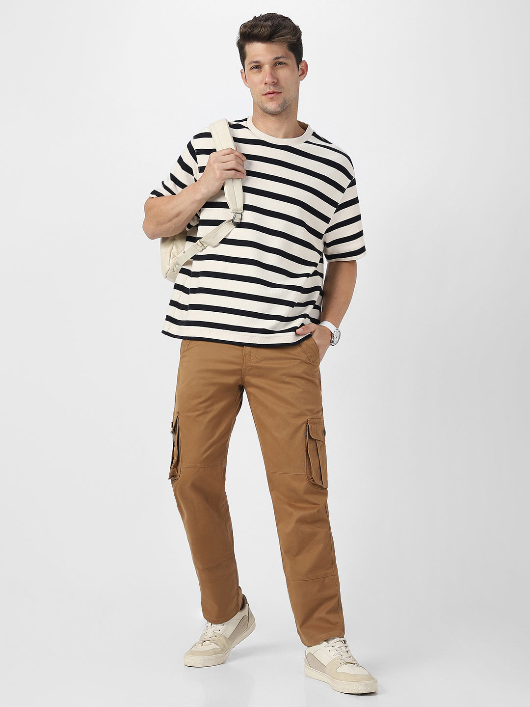 Men's Dark Khaki Regular Fit Solid Cargo Chino Pant with 6 Pockets