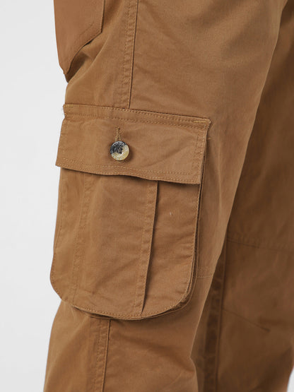 Men's Dark Khaki Regular Fit Solid Cargo Chino Pant with 6 Pockets
