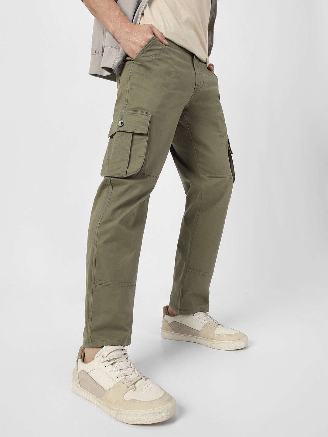 Men's Olive Green Regular Fit Solid Cargo Chino Pant with 6 Pockets