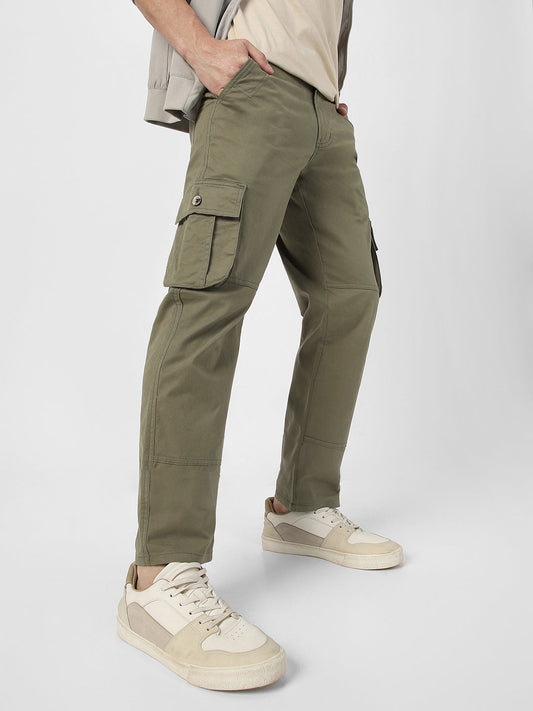 Men's Olive Green Regular Fit Solid Cargo Chino Pant with 6 Pockets