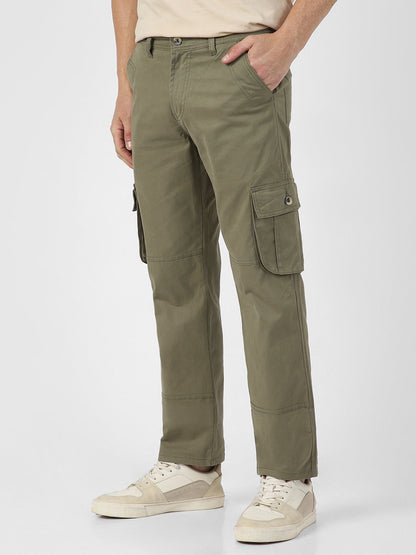 Men's Olive Green Regular Fit Solid Cargo Chino Pant with 6 Pockets