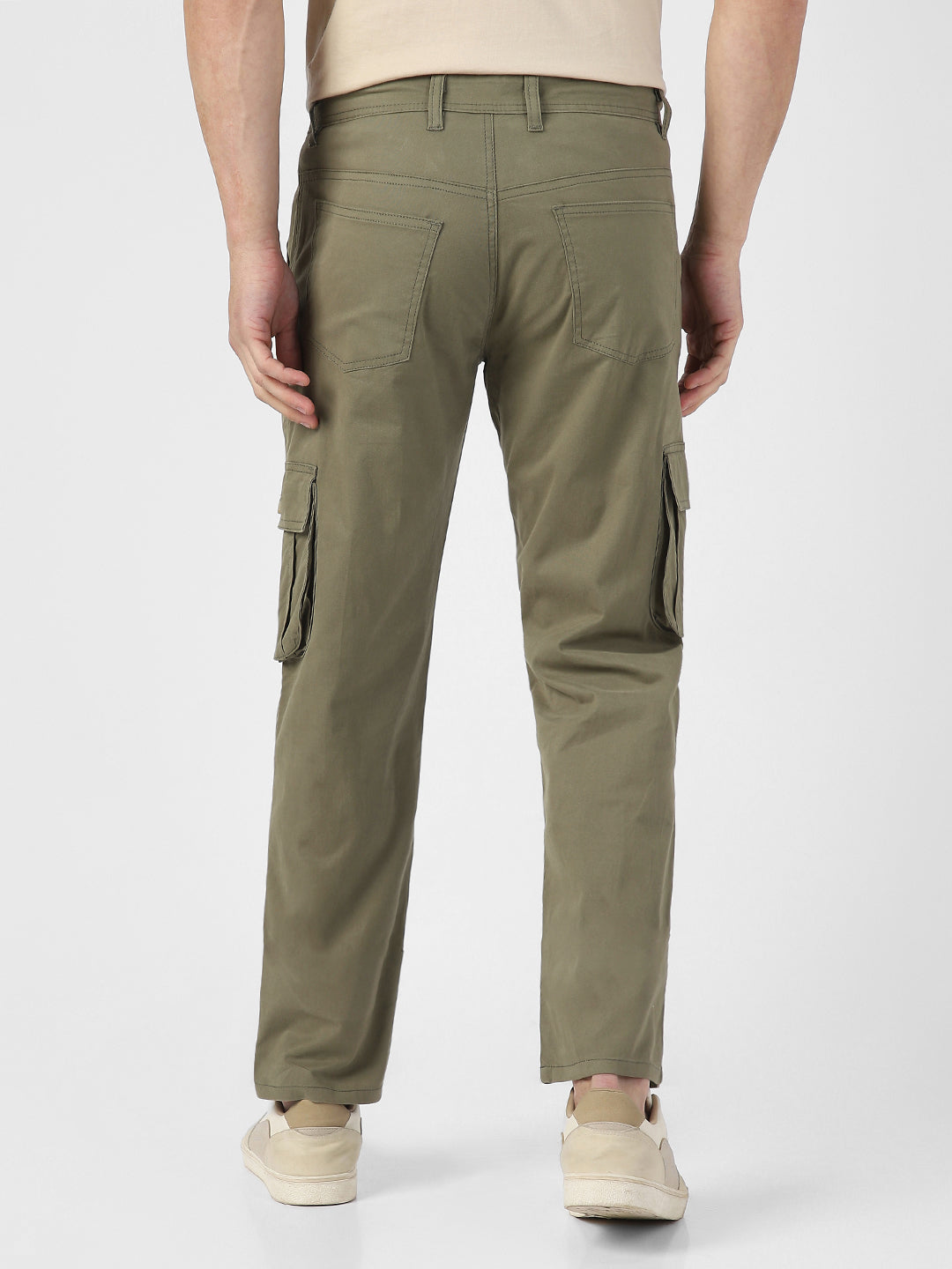 Men's Olive Green Regular Fit Solid Cargo Chino Pant with 6 Pockets