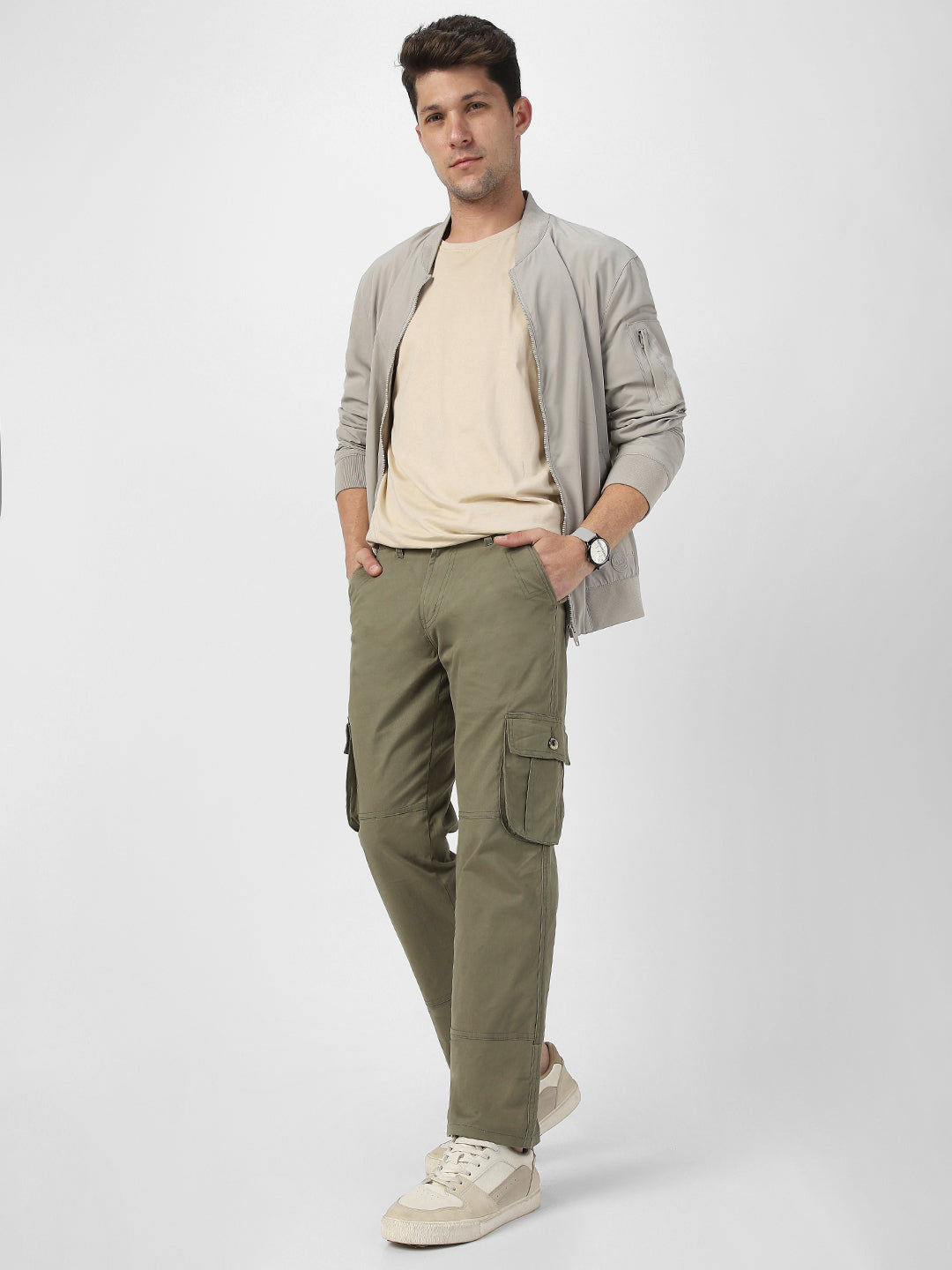 Men's Olive Green Regular Fit Solid Cargo Chino Pant with 6 Pockets