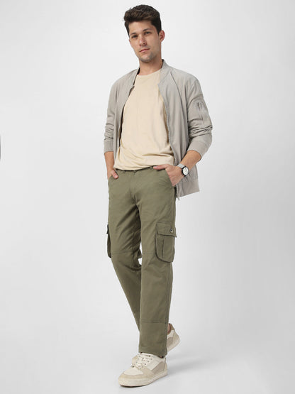 Men's Olive Green Regular Fit Solid Cargo Chino Pant with 6 Pockets