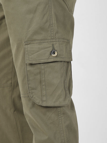 Men's Olive Green Regular Fit Solid Cargo Chino Pant with 6 Pockets