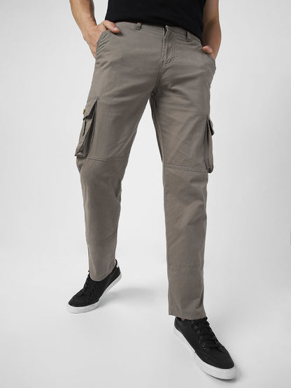 Men's Grey Regular Fit Solid Cargo Chino Pant with 6 Pockets