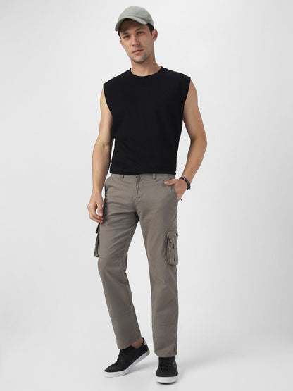 Men's Grey Regular Fit Solid Cargo Chino Pant with 6 Pockets