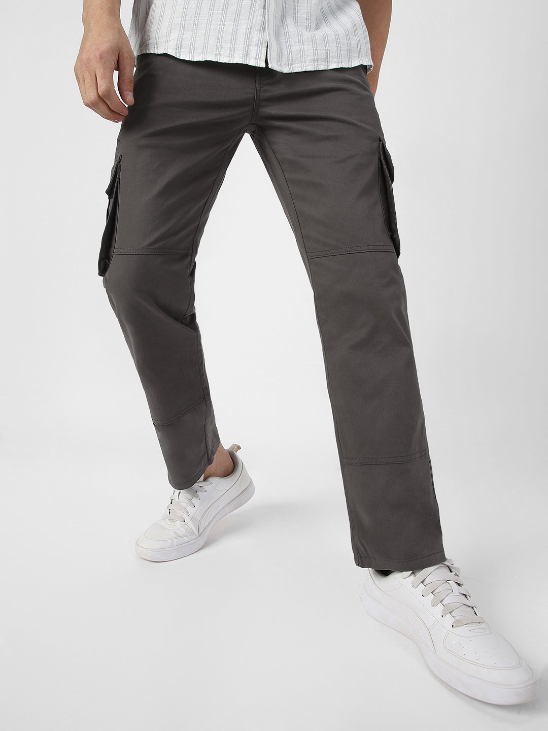 Men's Dark Grey Regular Fit Solid Cargo Chino Pant with 6 Pockets
