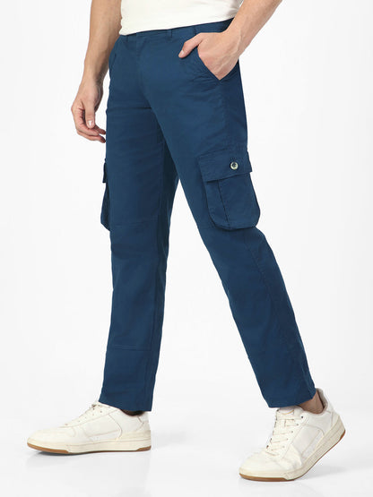 Men's Royal Blue Regular Fit Solid Cargo Chino Pant with 6 Pockets