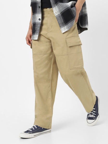 Men's Light Olive Loose Baggy Fit Solid Cargo Chino Pant with 6 Pockets Non-Stretchable
