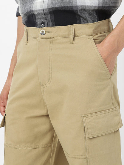 Men's Light Olive Loose Baggy Fit Solid Cargo Chino Pant with 6 Pockets Non-Stretchable