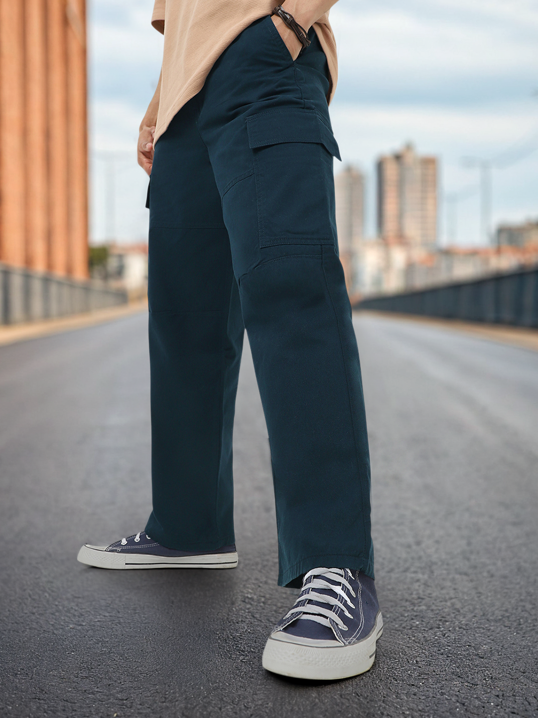 Men's Navy Loose Baggy Fit Solid Cargo Chino Pant with 6 Pockets Non-Stretchable