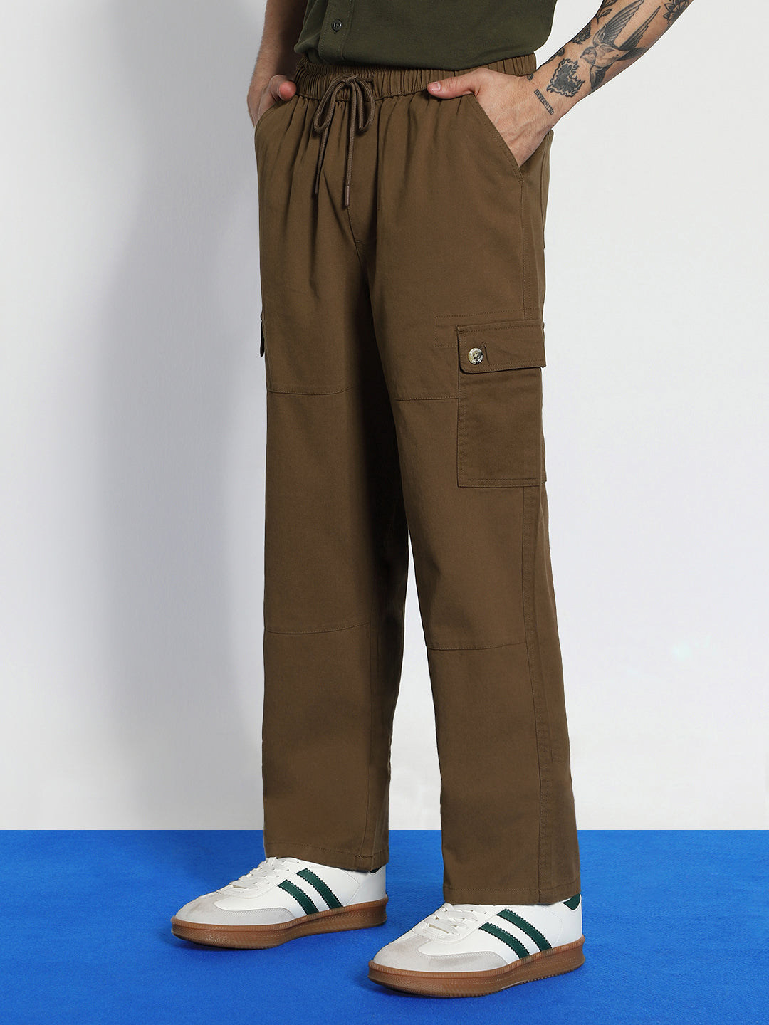 Men's Brown Loose Baggy Fit Cargo Jogger Chino Pant with 6 Pockets Stretchable