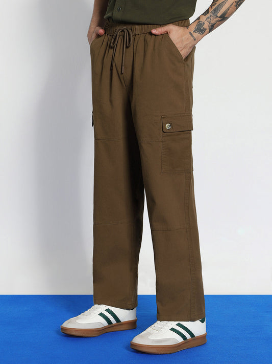 Men's Brown Loose Baggy Fit Cargo Jogger Chino Pant with 6 Pockets Stretchable