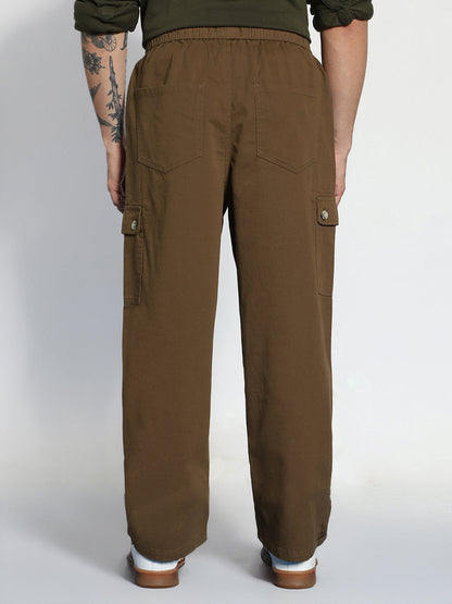 Men's Brown Loose Baggy Fit Cargo Jogger Chino Pant with 6 Pockets Stretchable
