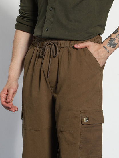 Men's Brown Loose Baggy Fit Cargo Jogger Chino Pant with 6 Pockets Stretchable