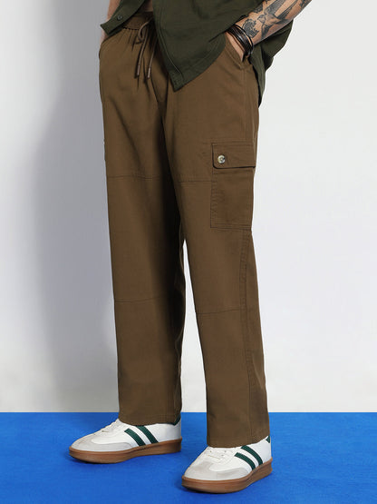 Men's Brown Loose Baggy Fit Cargo Jogger Chino Pant with 6 Pockets Stretchable