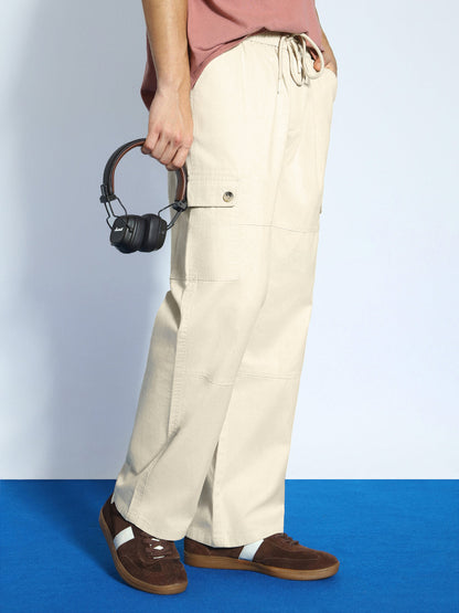 Men's Cream Loose Baggy Fit Cargo Jogger Chino Pant with 6 Pockets Stretchable