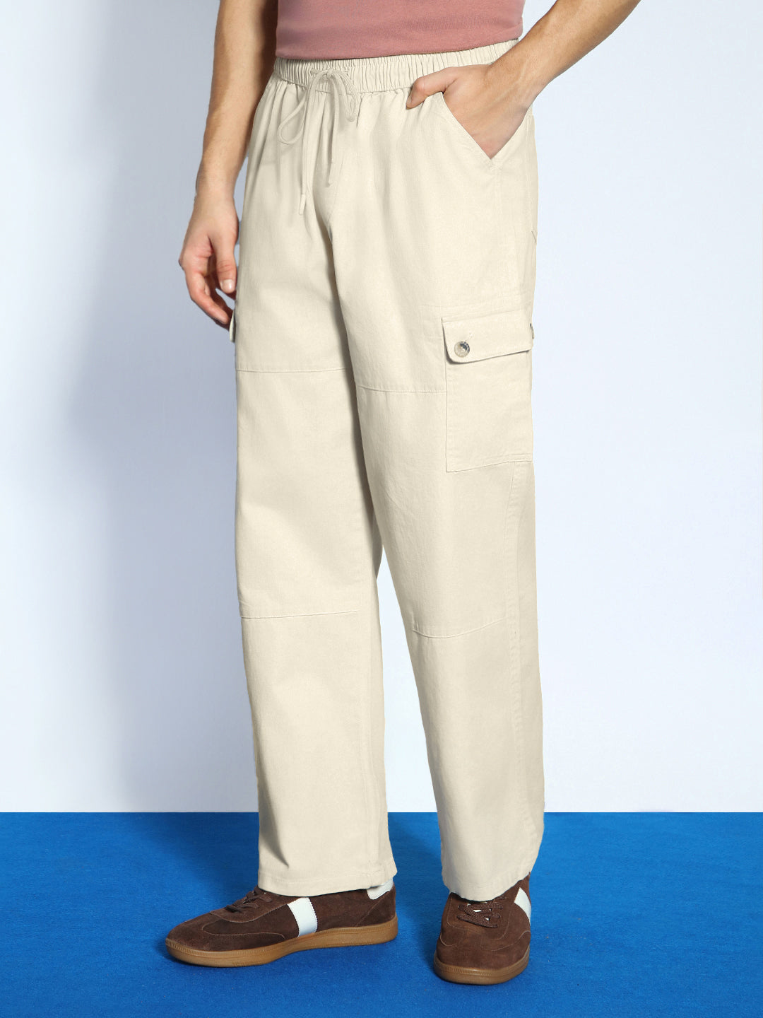 Men's Cream Loose Baggy Fit Cargo Jogger Chino Pant with 6 Pockets Stretchable