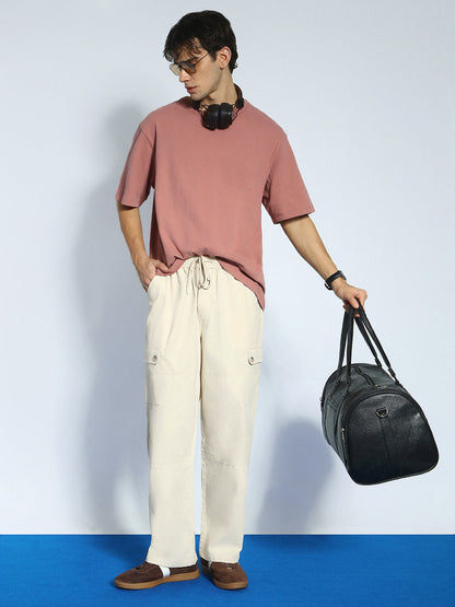 Men's Cream Loose Baggy Fit Cargo Jogger Chino Pant with 6 Pockets Stretchable