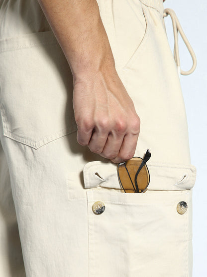 Men's Cream Loose Baggy Fit Cargo Jogger Chino Pant with 6 Pockets Stretchable