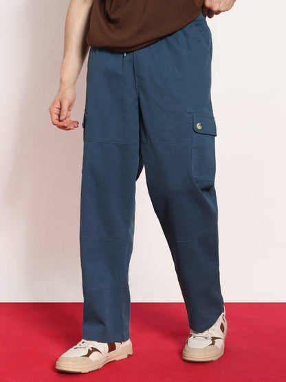 Men's Denim Blue Loose Baggy Fit Cargo Jogger Chino Pant with 6 Pockets Stretchable