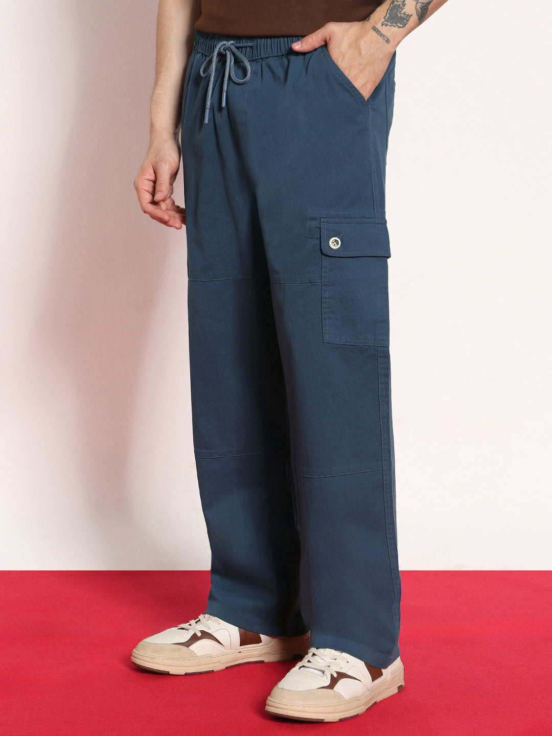 Men's Denim Blue Loose Baggy Fit Cargo Jogger Chino Pant with 6 Pockets Stretchable