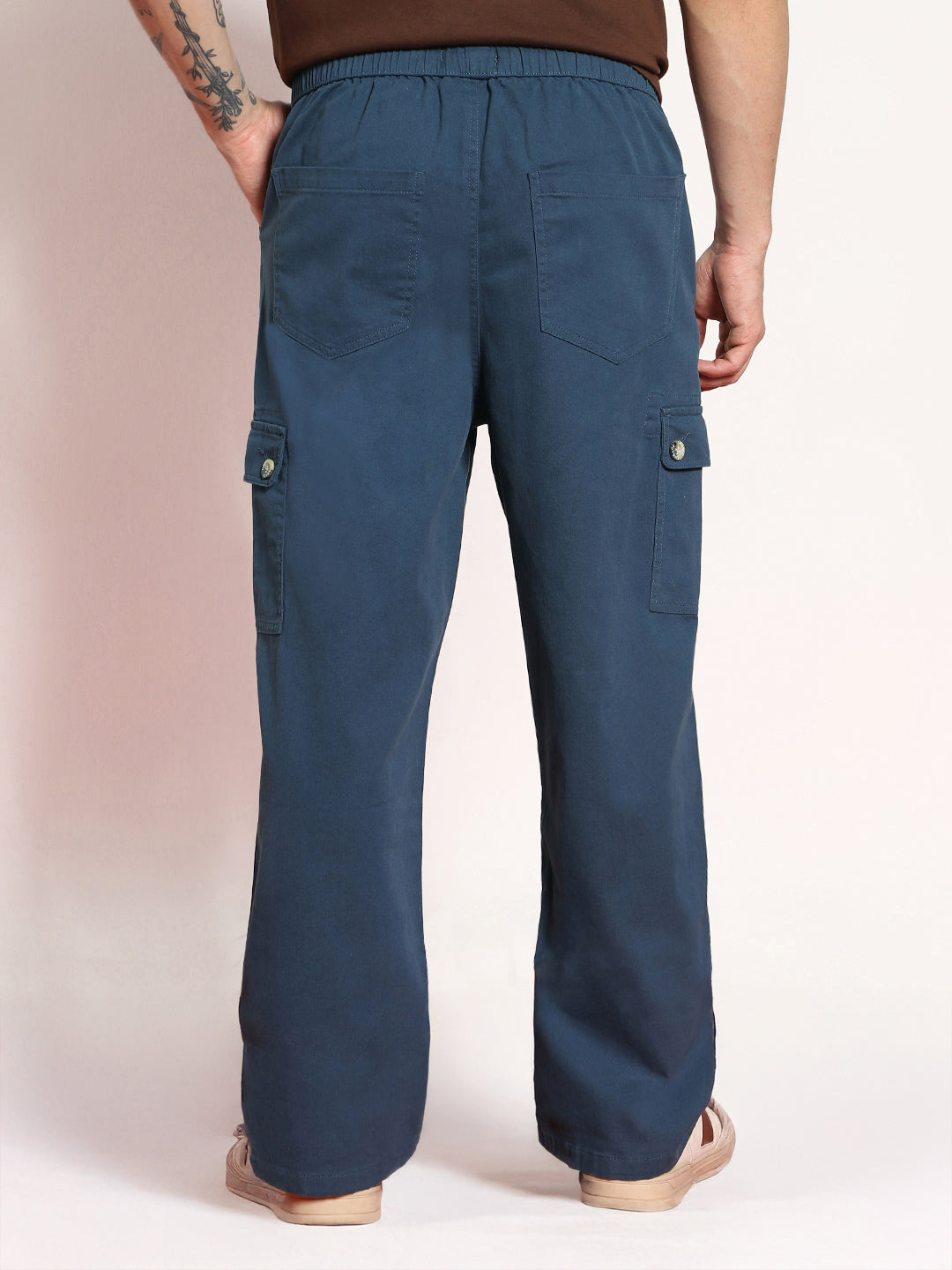 Men's Denim Blue Loose Baggy Fit Cargo Jogger Chino Pant with 6 Pockets Stretchable