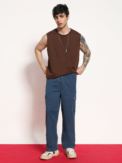 Men's Denim Blue Loose Baggy Fit Cargo Jogger Chino Pant with 6 Pockets Stretchable