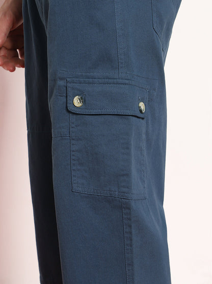 Men's Denim Blue Loose Baggy Fit Cargo Jogger Chino Pant with 6 Pockets Stretchable