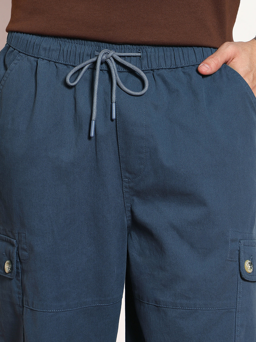 Men's Denim Blue Loose Baggy Fit Cargo Jogger Chino Pant with 6 Pockets Stretchable