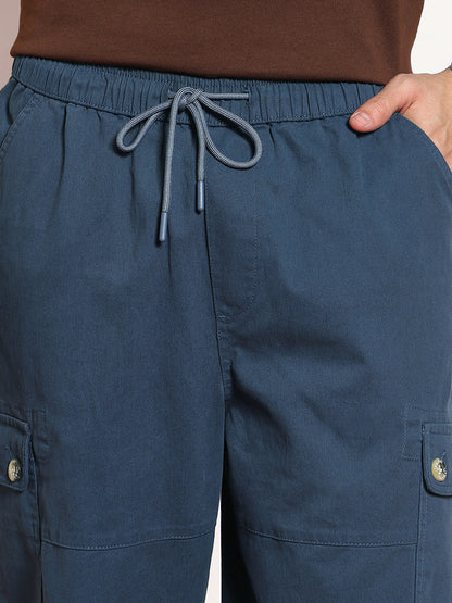 Men's Denim Blue Loose Baggy Fit Cargo Jogger Chino Pant with 6 Pockets Stretchable