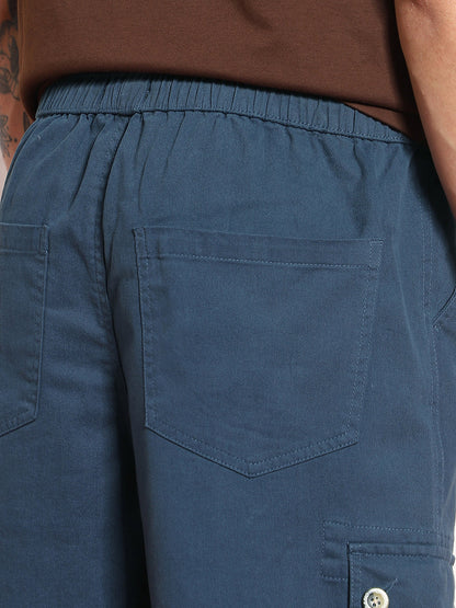 Men's Denim Blue Loose Baggy Fit Cargo Jogger Chino Pant with 6 Pockets Stretchable