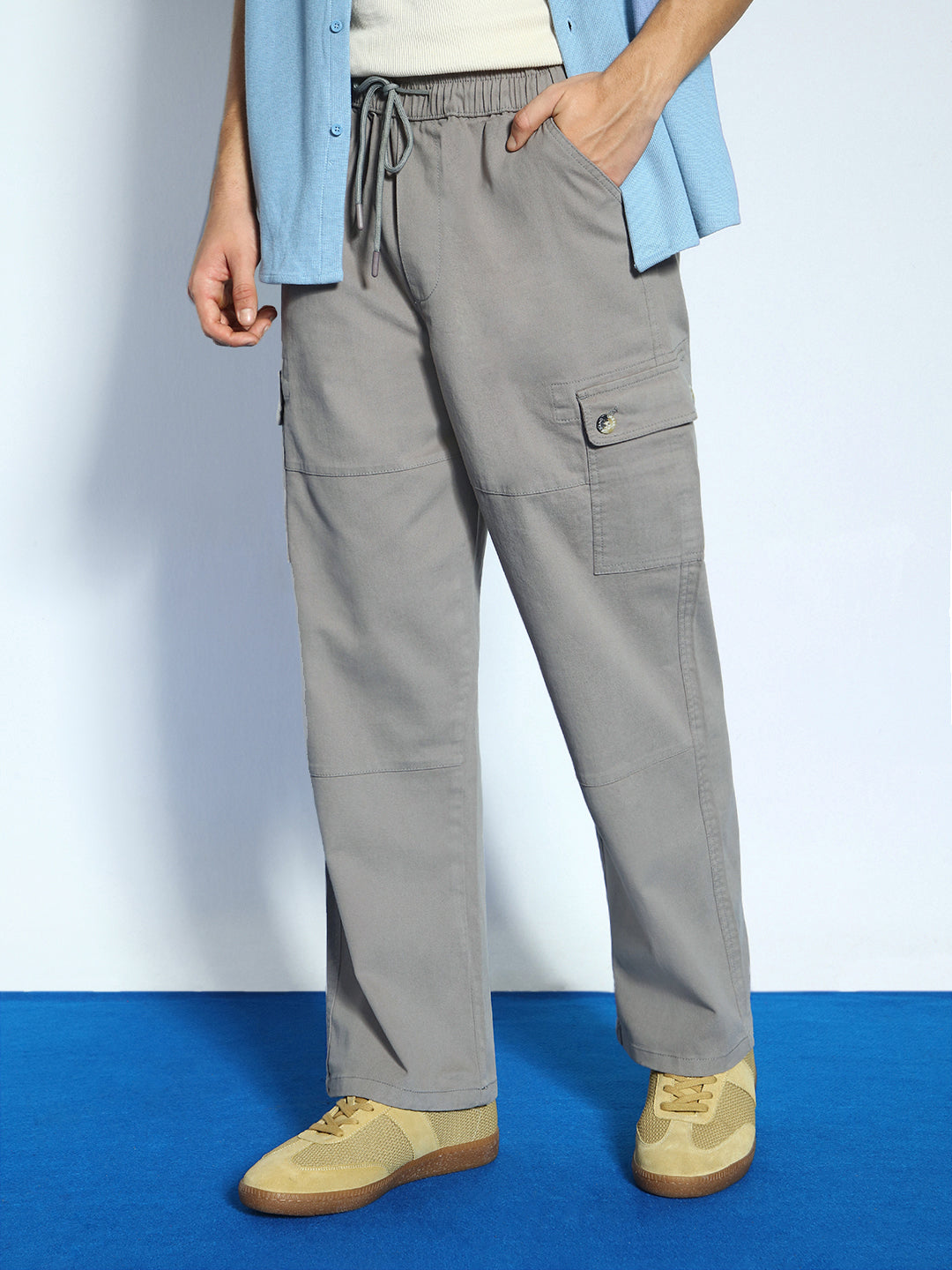 Men's Grey Loose Baggy Fit Cargo Jogger Chino Pant with 6 Pockets Stretchable