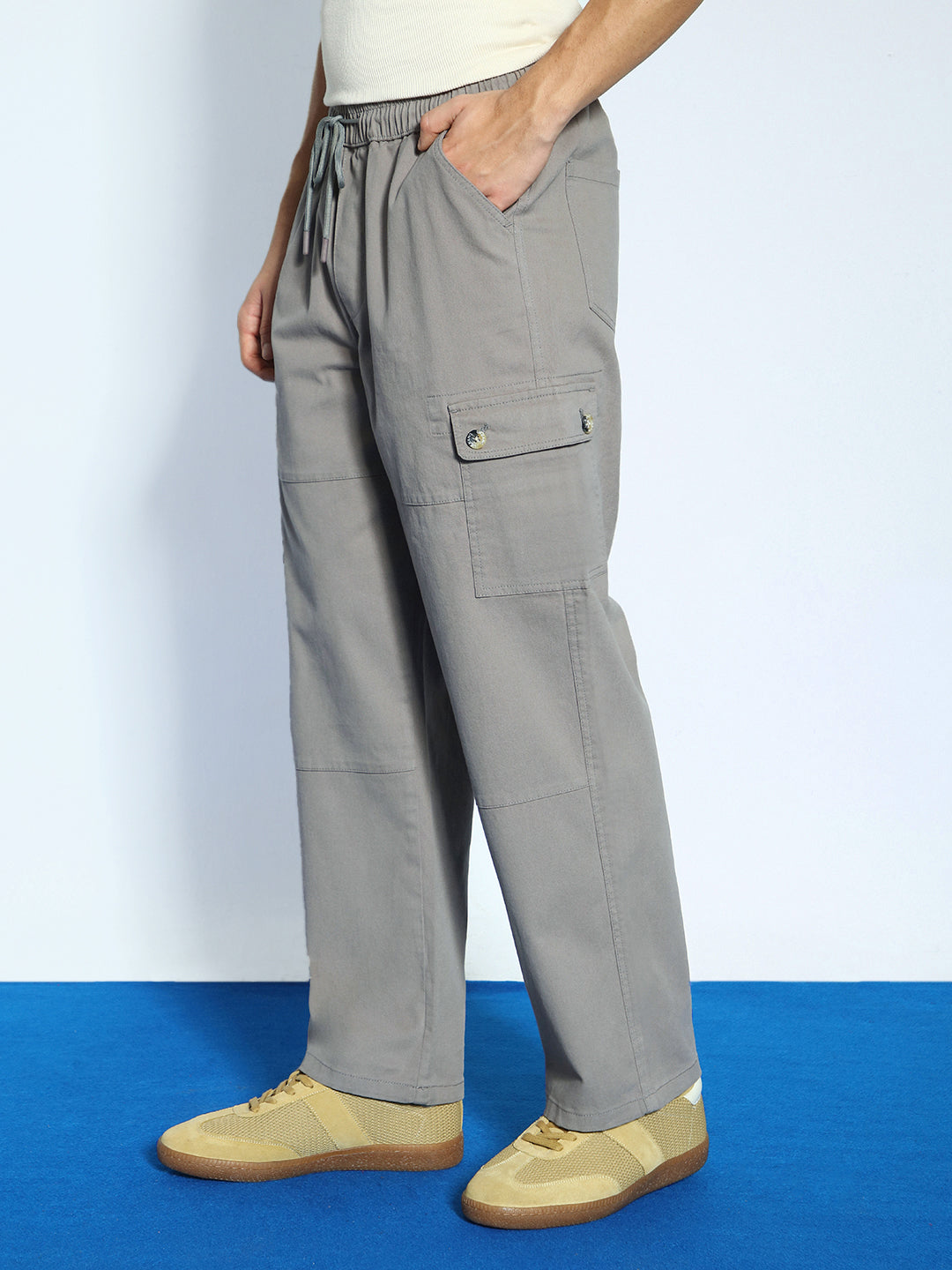 Men's Grey Loose Baggy Fit Cargo Jogger Chino Pant with 6 Pockets Stretchable