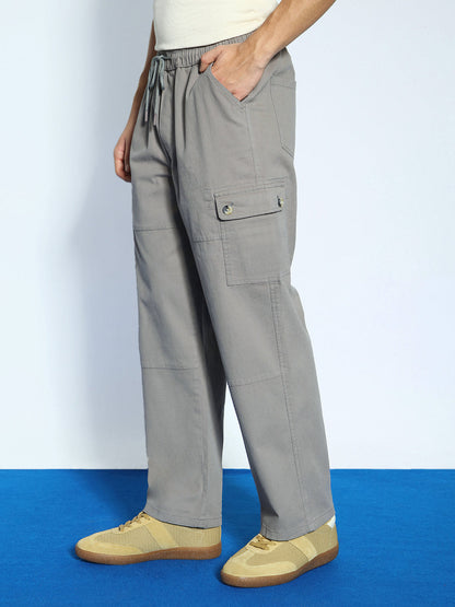 Men's Grey Loose Baggy Fit Cargo Jogger Chino Pant with 6 Pockets Stretchable