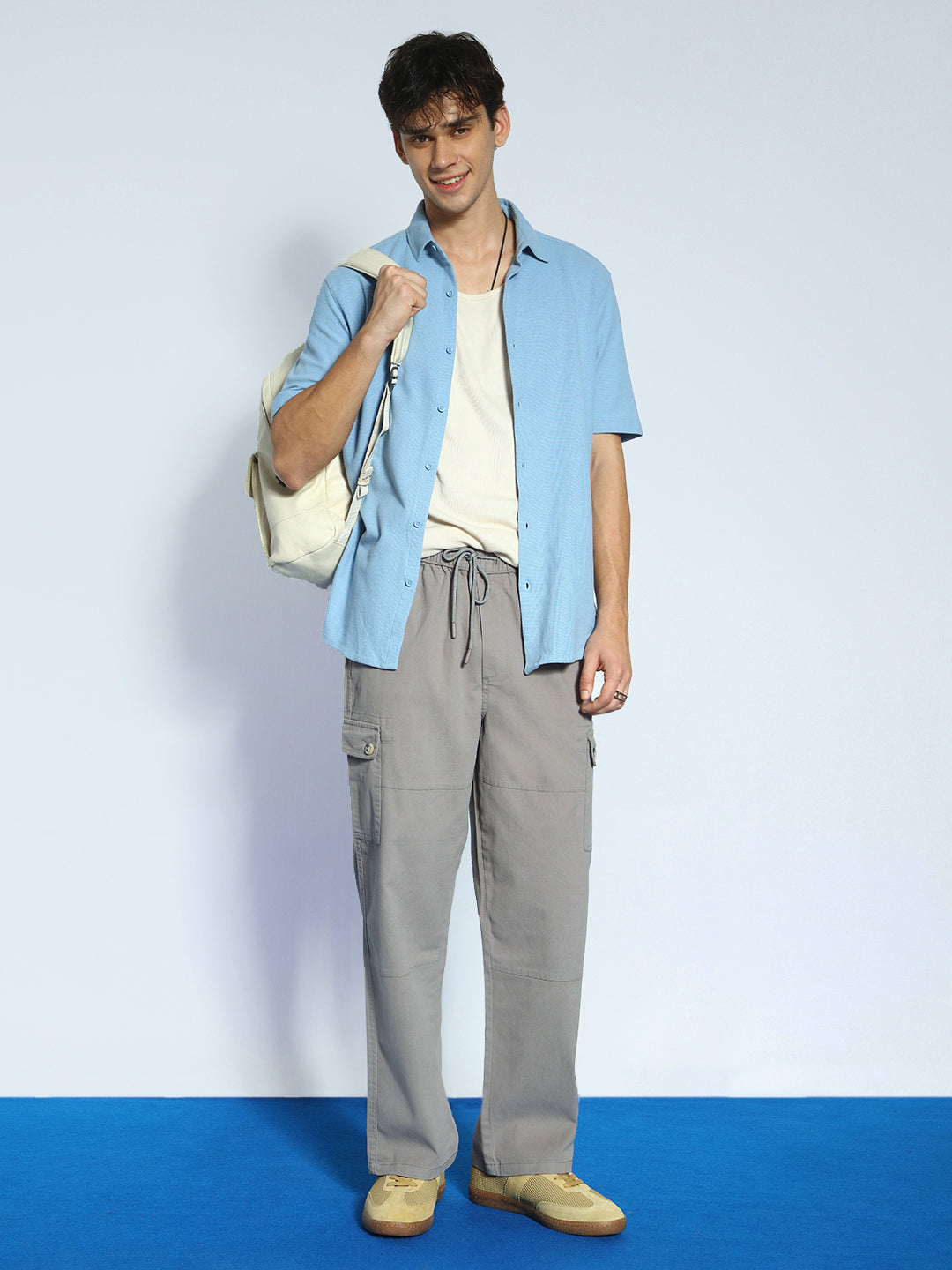 Men's Grey Loose Baggy Fit Cargo Jogger Chino Pant with 6 Pockets Stretchable