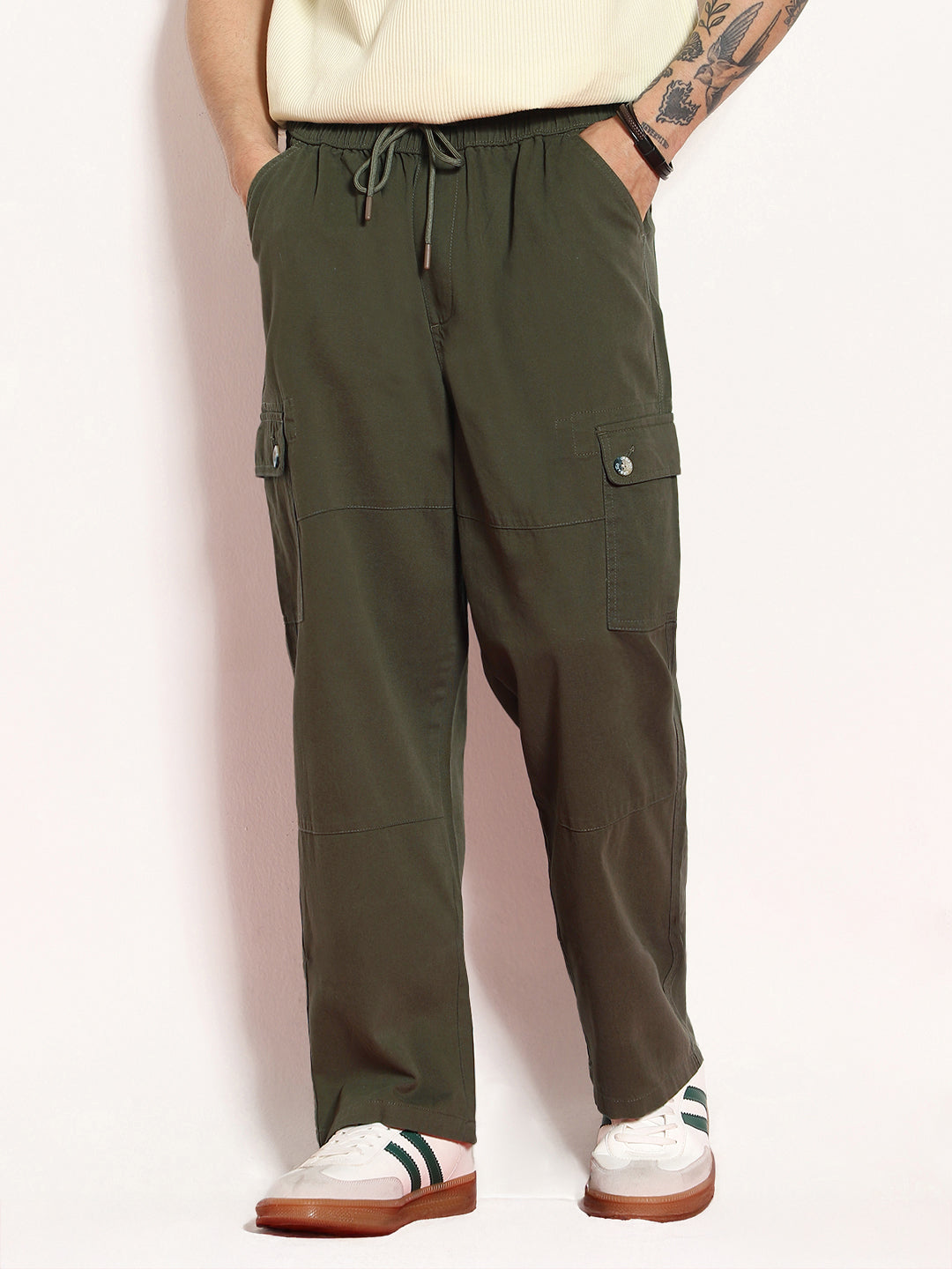 Men's Medium Olive Loose Baggy Fit Cargo Jogger Chino Pant with 6 Pockets Stretchable