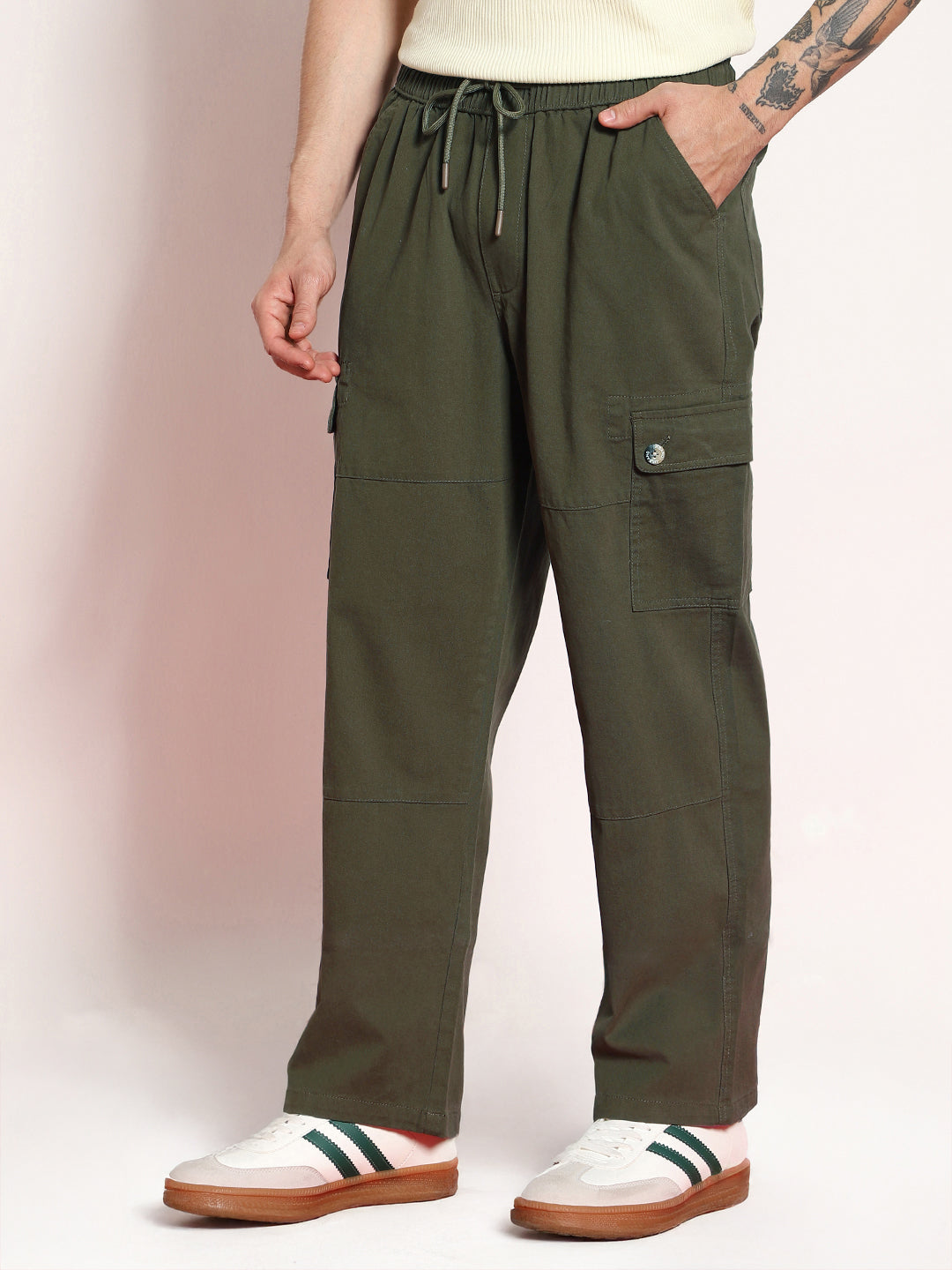 Men's Medium Olive Loose Baggy Fit Cargo Jogger Chino Pant with 6 Pockets Stretchable