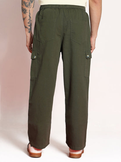 Men's Medium Olive Loose Baggy Fit Cargo Jogger Chino Pant with 6 Pockets Stretchable