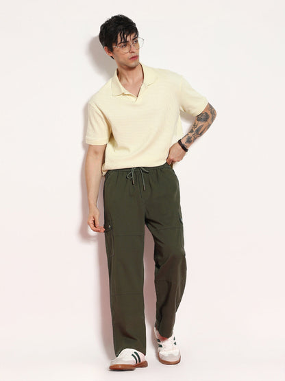 Men's Medium Olive Loose Baggy Fit Cargo Jogger Chino Pant with 6 Pockets Stretchable