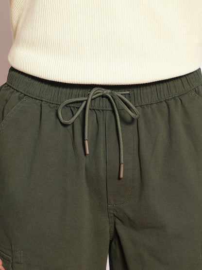 Men's Medium Olive Loose Baggy Fit Cargo Jogger Chino Pant with 6 Pockets Stretchable