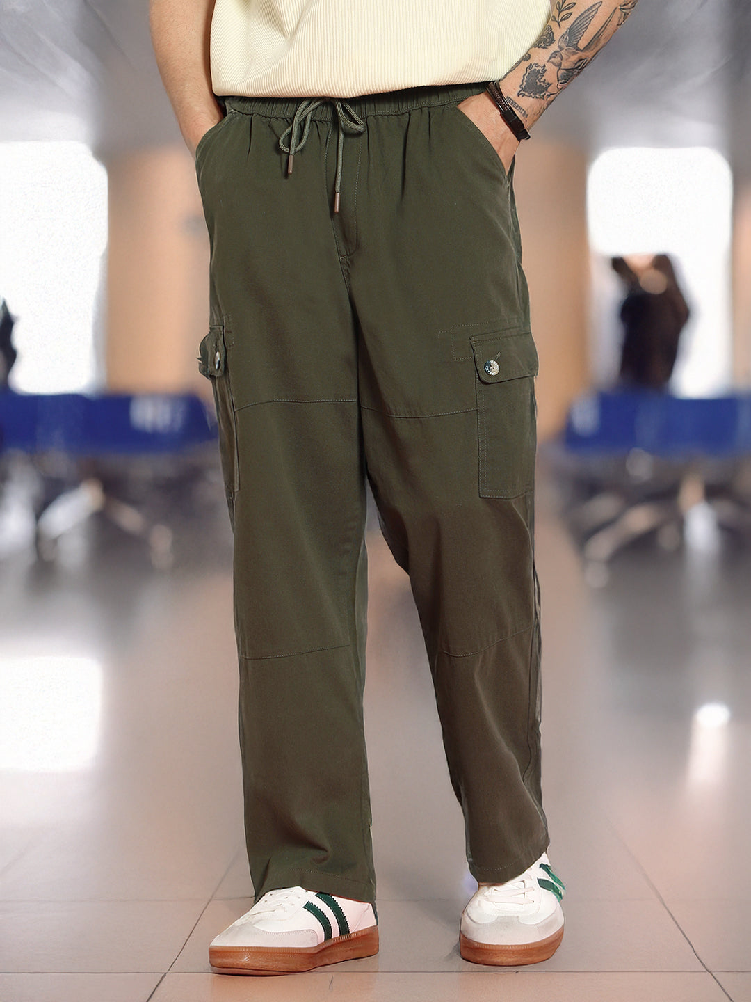 Men's Medium Olive Loose Baggy Fit Cargo Jogger Chino Pant with 6 Pockets Stretchable