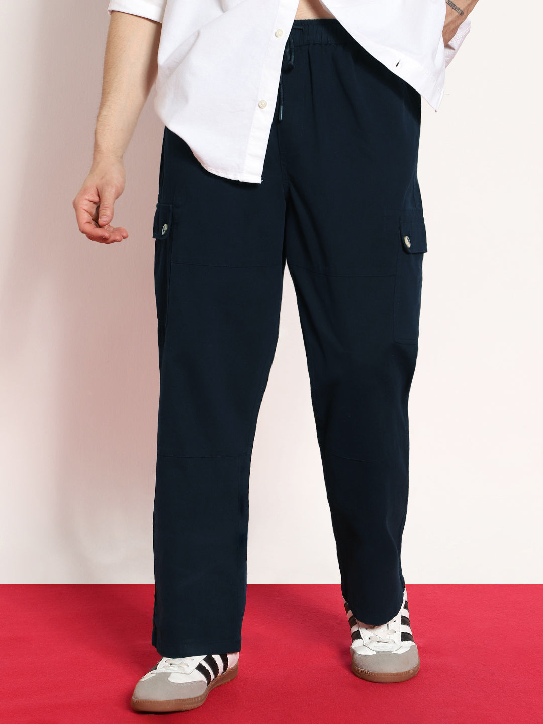 Men's Navy Loose Baggy Fit Cargo Jogger Chino Pant with 6 Pockets Stretchable