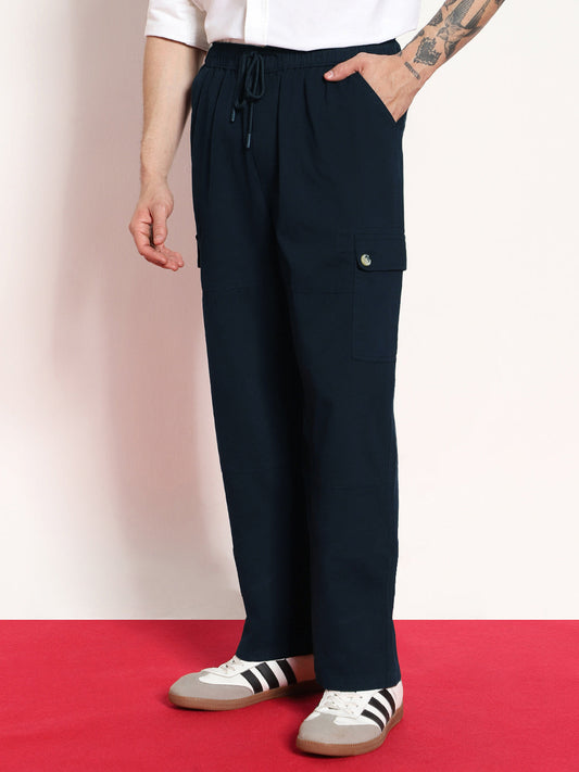 Men's Navy Loose Baggy Fit Cargo Jogger Chino Pant with 6 Pockets Stretchable